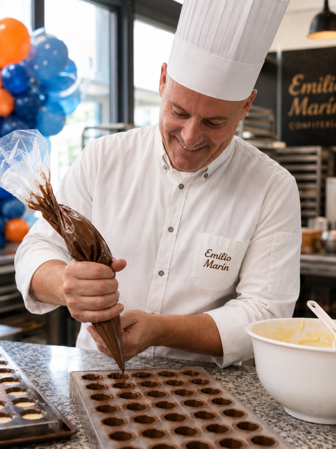 Maestro confitero de Emilio Marín rellenando bombones a mano en el obrador